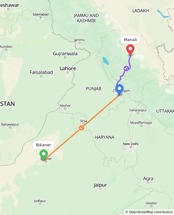 Route map showing distance and travel time from Bikaner, India to Manali, India