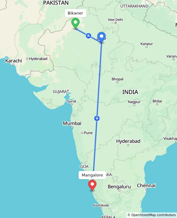 Route map showing distance and travel time from Bikaner, India to Mangalore, India