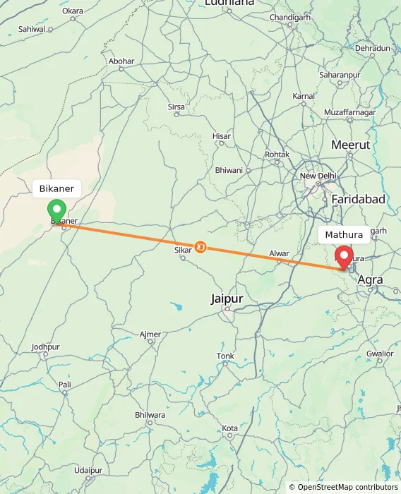 Route map showing distance and travel time from Bikaner, India to Mathura, India