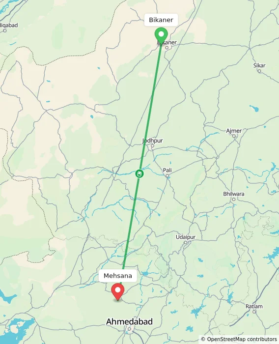 Route map showing distance and travel time from Bikaner, India to Mehsana, India