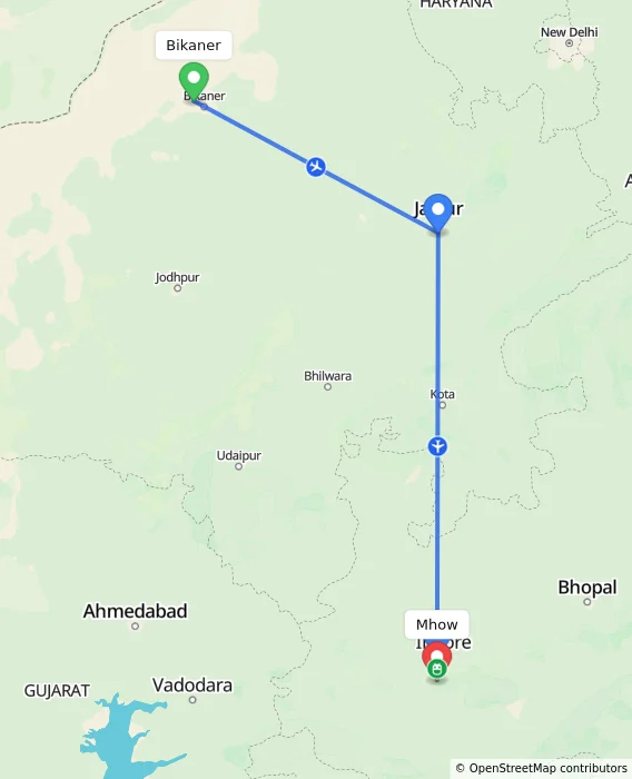 Route map showing distance and travel time from Bikaner, India to Mhow, India