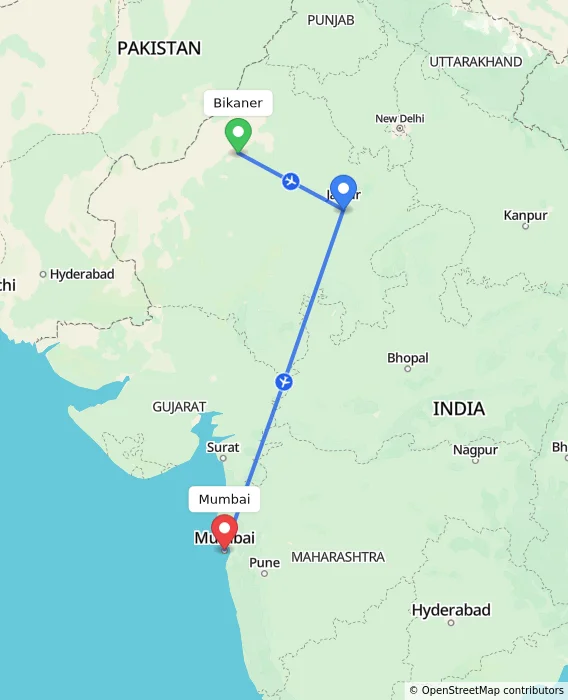 Route map showing distance and travel time from Bikaner, India to Mumbai, India