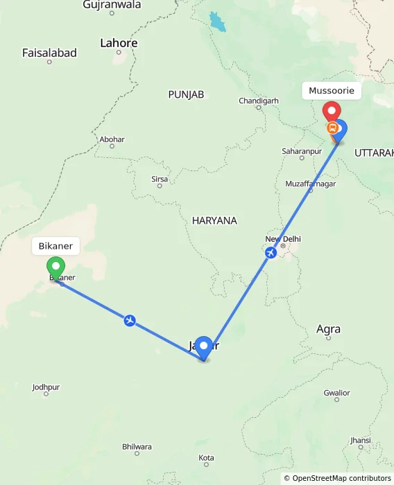 Route map showing distance and travel time from Bikaner, India to Mussoorie, India