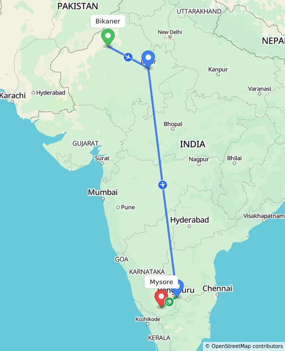 Route map showing distance and travel time from Bikaner, India to Mysore, India
