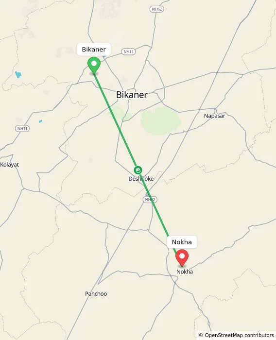 Route map showing distance and travel time from Bikaner, India to Nokha, India