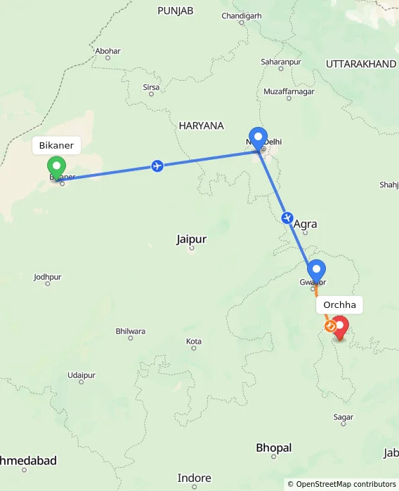 Route map showing distance and travel time from Bikaner, India to Orchha, India