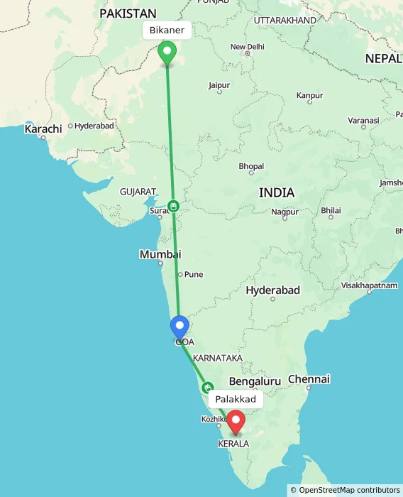 Route map showing distance and travel time from Bikaner, India to Palakkad, India