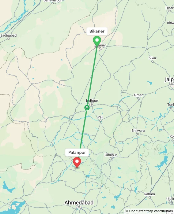 Route map showing distance and travel time from Bikaner, India to Palanpur, India