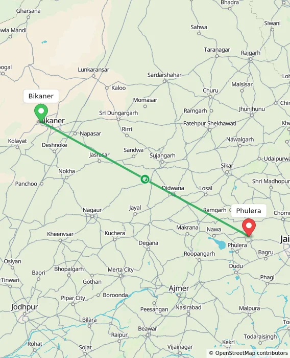 Route map showing distance and travel time from Bikaner, India to Phulera, India