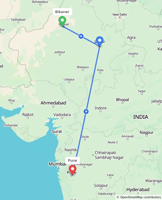 Route map showing distance and travel time from Bikaner, India to Pune, India