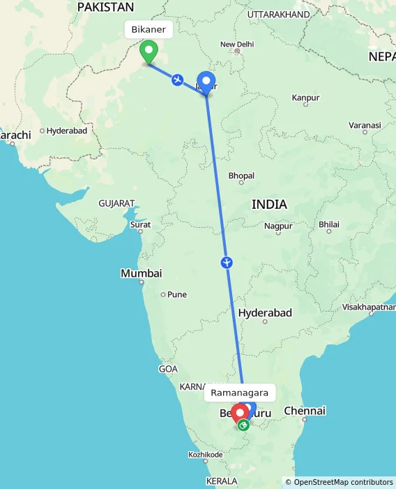 Route map showing distance and travel time from Bikaner, India to Ramanagara, India