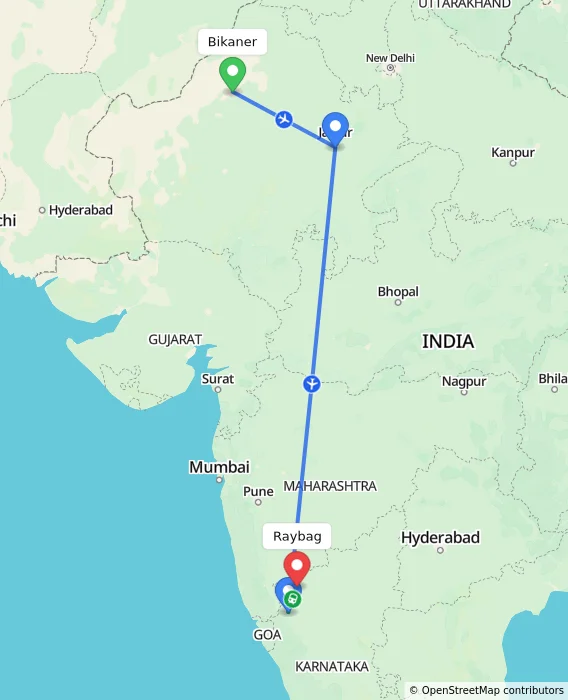 Route map showing distance and travel time from Bikaner, India to Raybag, India