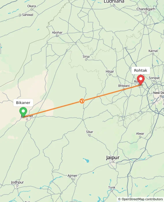 Route map showing distance and travel time from Bikaner, India to Rohtak, India