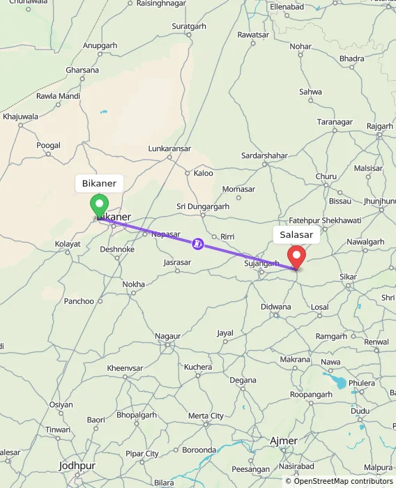 Route map showing distance and travel time from Bikaner, India to Salasar, India