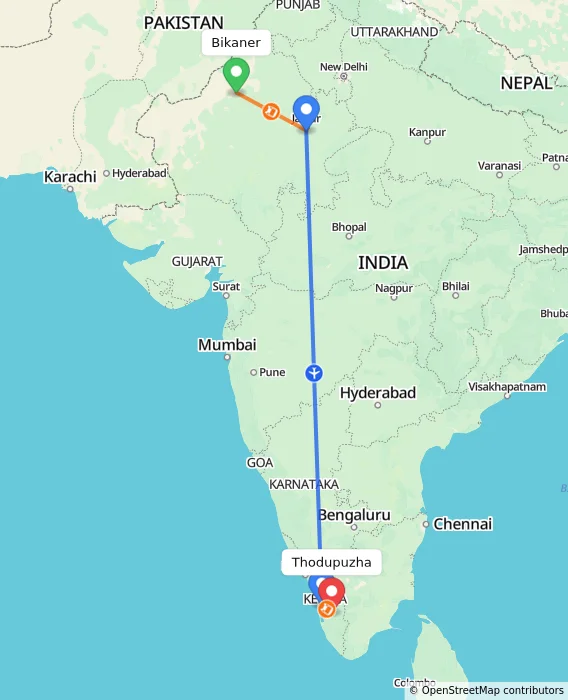 Route map showing distance and travel time from Bikaner, India to Thodupuzha, India