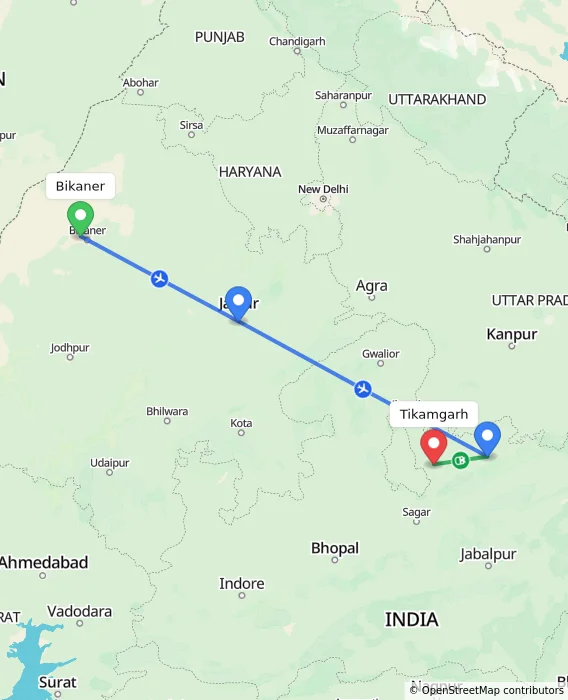 Route map showing distance and travel time from Bikaner, India to Tikamgarh, India