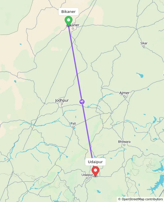 Route map showing distance and travel time from Bikaner, India to Udaipur, India