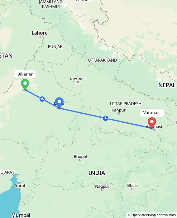 Route map showing distance and travel time from Bikaner, India to Varanasi, India