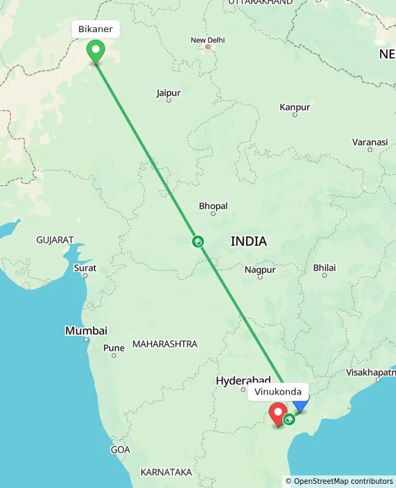 Route map showing distance and travel time from Bikaner, India to Vinukonda, India