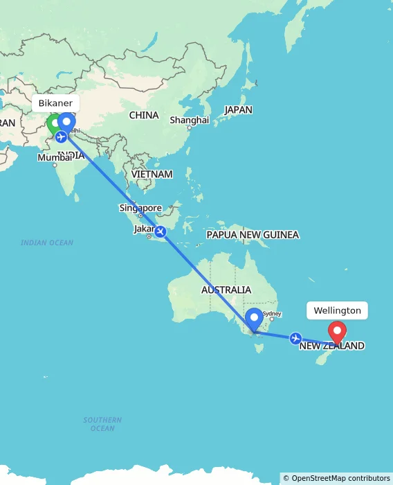 Route map showing distance and travel time from Bikaner, India to Wellington, New Zealand