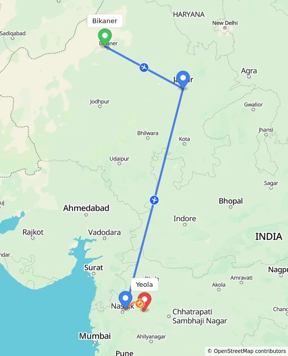 Route map showing distance and travel time from Bikaner, India to Yeola, India