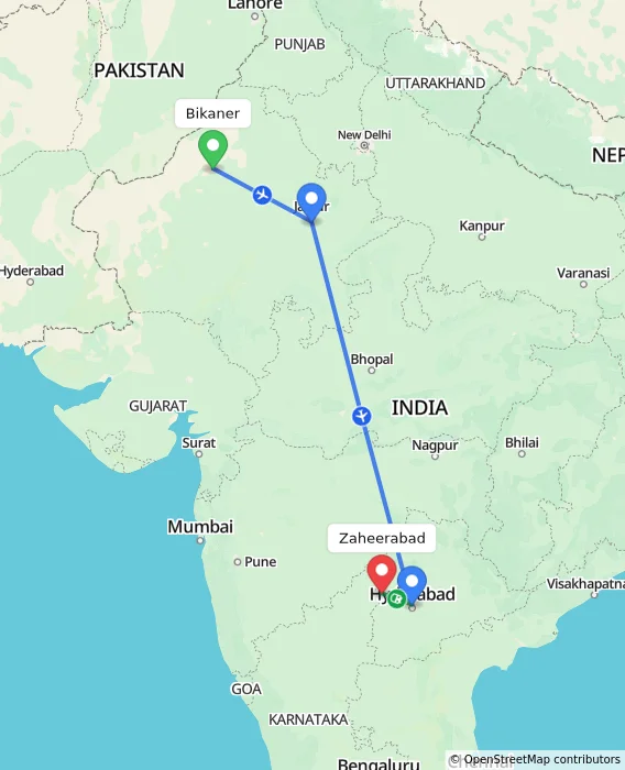 Route map showing distance and travel time from Bikaner, India to Zaheerabad, India