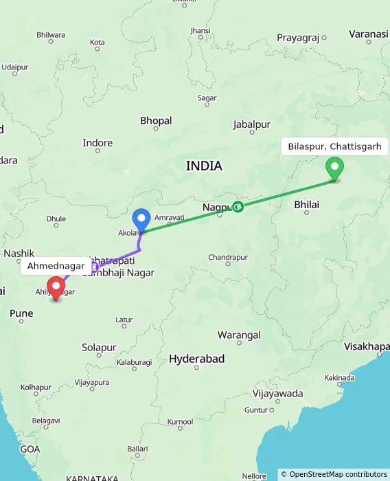 Route map showing distance and travel time from Bilaspur, Chattisgarh, India to Ahmednagar, India