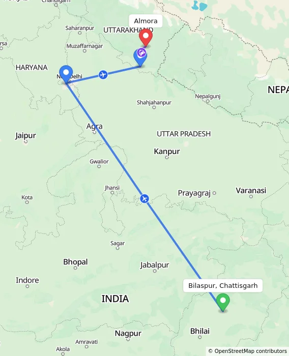Route map showing distance and travel time from Bilaspur, Chattisgarh, India to Almora, India