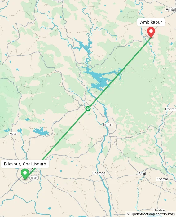 Route map showing distance and travel time from Bilaspur, Chattisgarh, India to Ambikapur, India