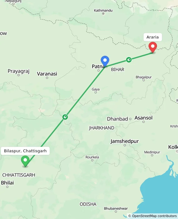 Route map showing distance and travel time from Bilaspur, Chattisgarh, India to Araria, India