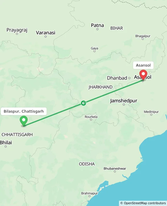 Route map showing distance and travel time from Bilaspur, Chattisgarh, India to Asansol, India