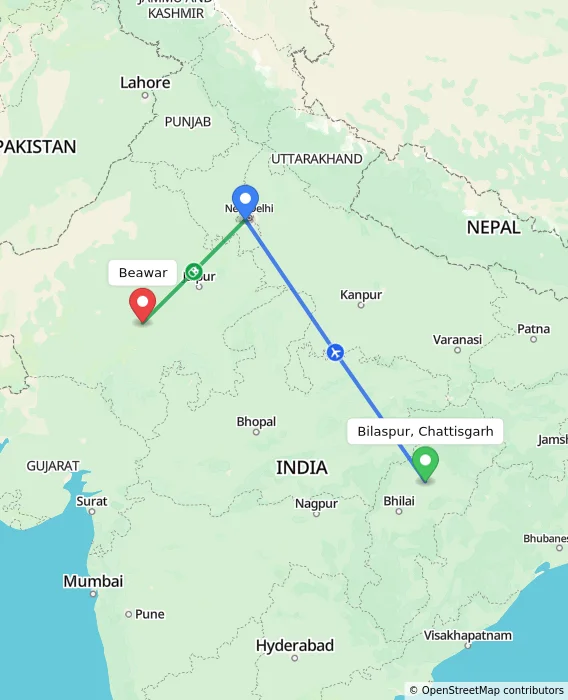 Route map showing distance and travel time from Bilaspur, Chattisgarh, India to Beawar, India