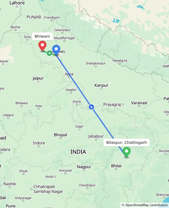 Route map showing distance and travel time from Bilaspur, Chattisgarh, India to Bhiwani, India