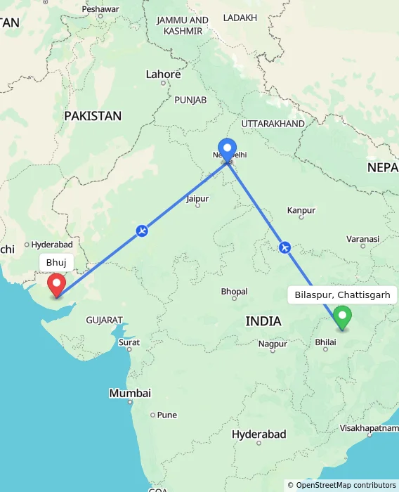 Route map showing distance and travel time from Bilaspur, Chattisgarh, India to Bhuj, India