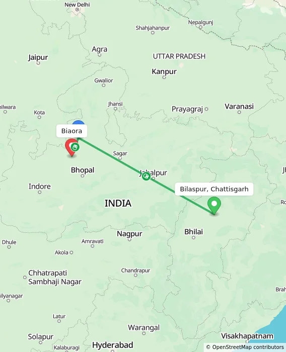 Route map showing distance and travel time from Bilaspur, Chattisgarh, India to Biaora, India