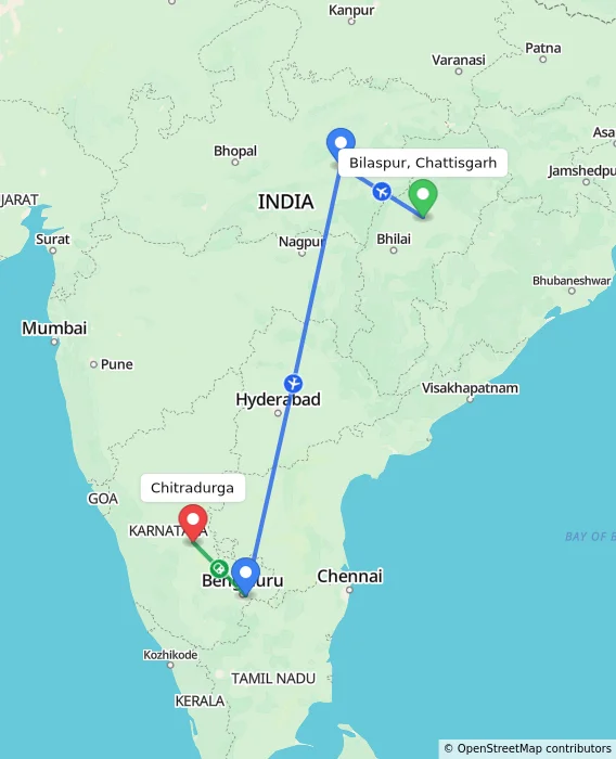 Route map showing distance and travel time from Bilaspur, Chattisgarh, India to Chitradurga, India