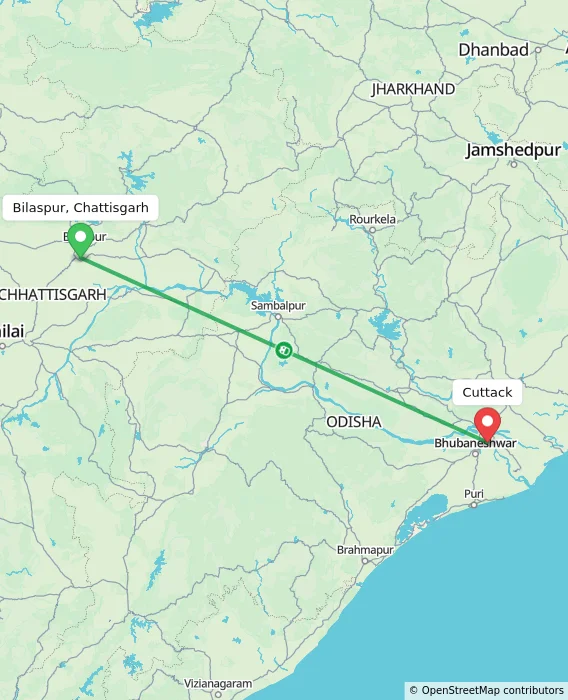 Route map showing distance and travel time from Bilaspur, Chattisgarh, India to Cuttack, India