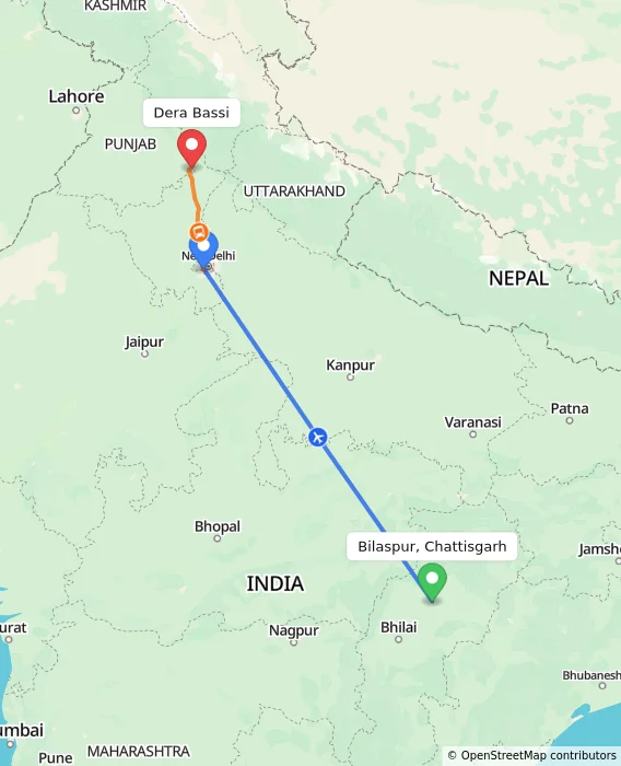 Route map showing distance and travel time from Bilaspur, Chattisgarh, India to Dera Bassi, India