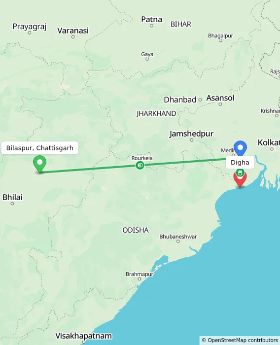 Route map showing distance and travel time from Bilaspur, Chattisgarh, India to Digha, India
