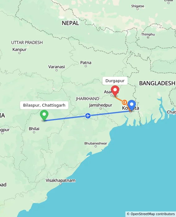 Route map showing distance and travel time from Bilaspur, Chattisgarh, India to Durgapur, India