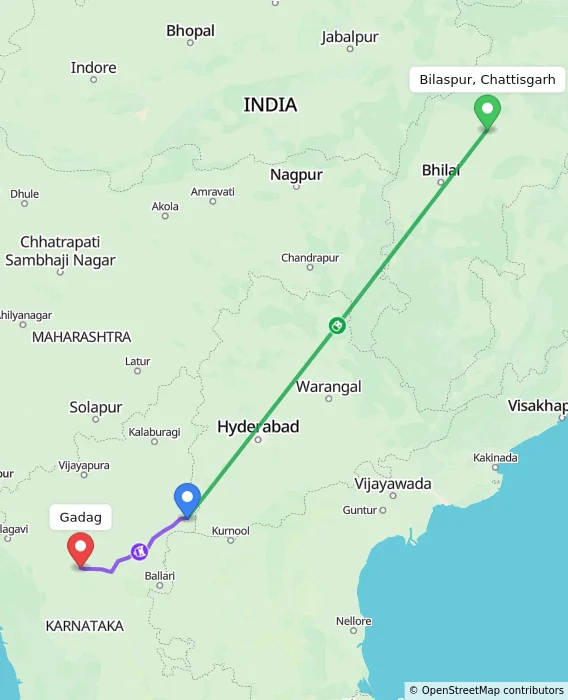Route map showing distance and travel time from Bilaspur, Chattisgarh, India to Gadag, India