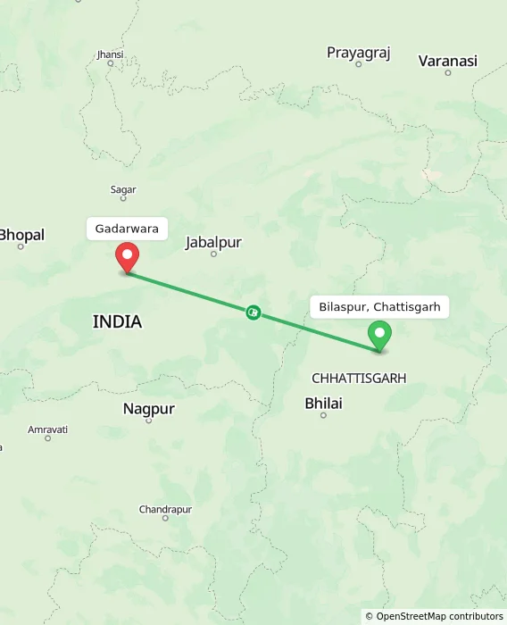 Route map showing distance and travel time from Bilaspur, Chattisgarh, India to Gadarwara, India