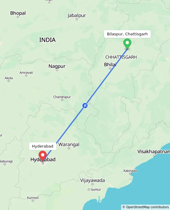 Route map showing distance and travel time from Bilaspur, Chattisgarh, India to Hyderabad, India