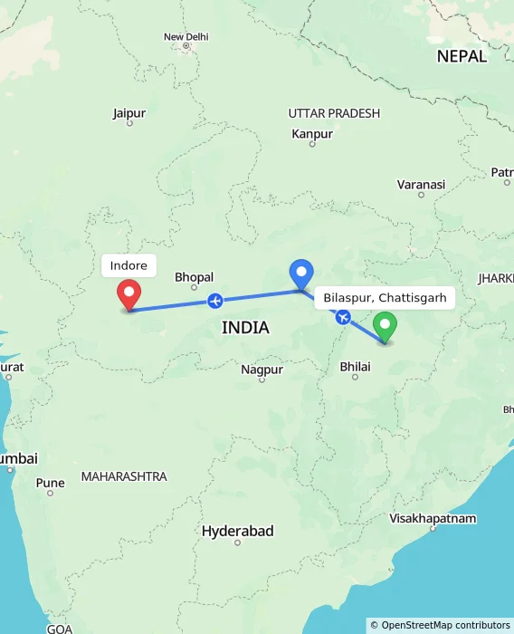 Route map showing distance and travel time from Bilaspur, Chattisgarh, India to Indore, India