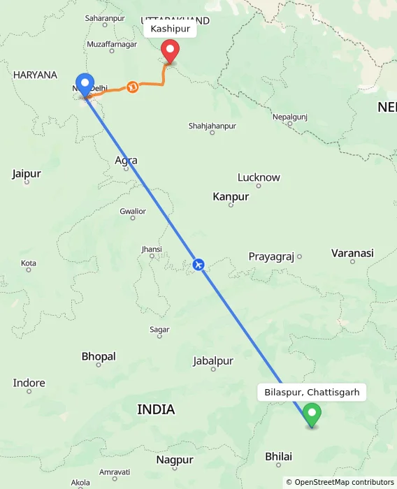 Route map showing distance and travel time from Bilaspur, Chattisgarh, India to Kashipur, India