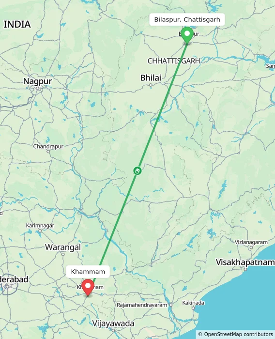 Route map showing distance and travel time from Bilaspur, Chattisgarh, India to Khammam, India