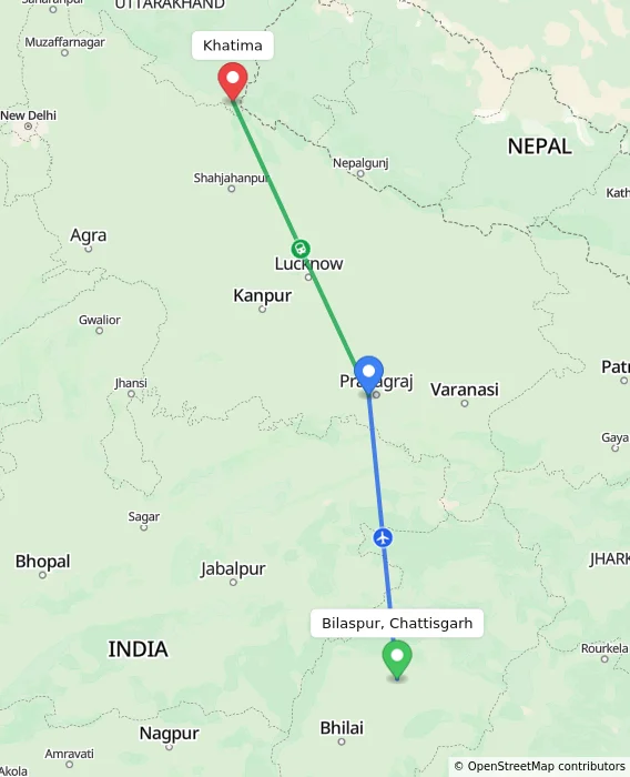 Route map showing distance and travel time from Bilaspur, Chattisgarh, India to Khatima, India