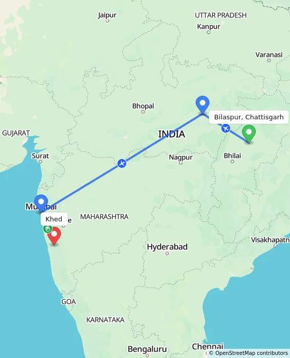 Route map showing distance and travel time from Bilaspur, Chattisgarh, India to Khed, India