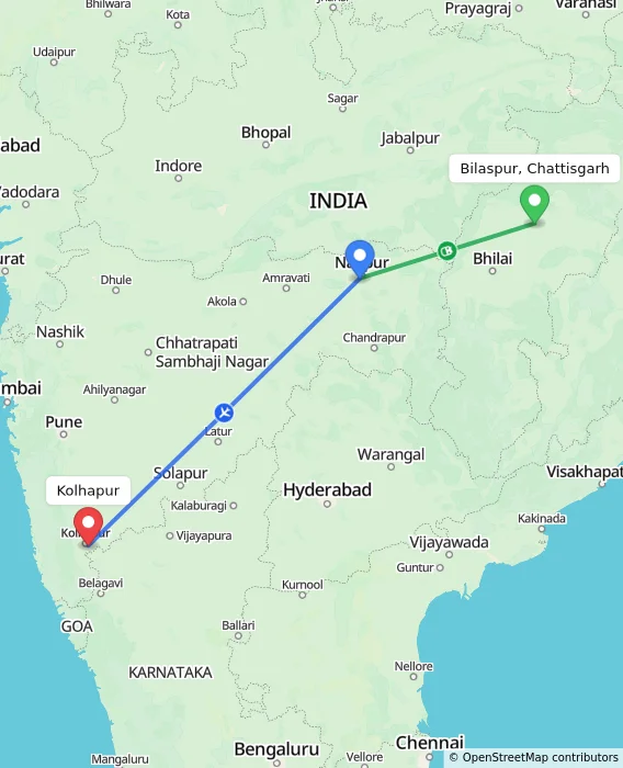 Route map showing distance and travel time from Bilaspur, Chattisgarh, India to Kolhapur, India