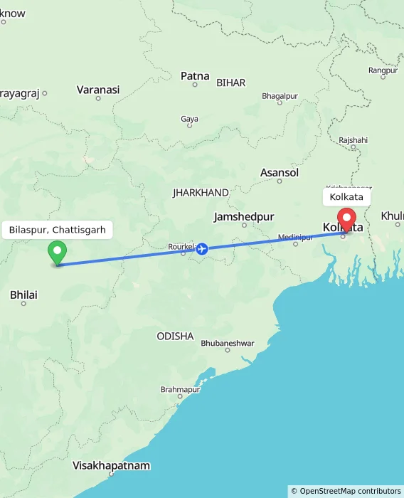 Route map showing distance and travel time from Bilaspur, Chattisgarh, India to Kolkata, India